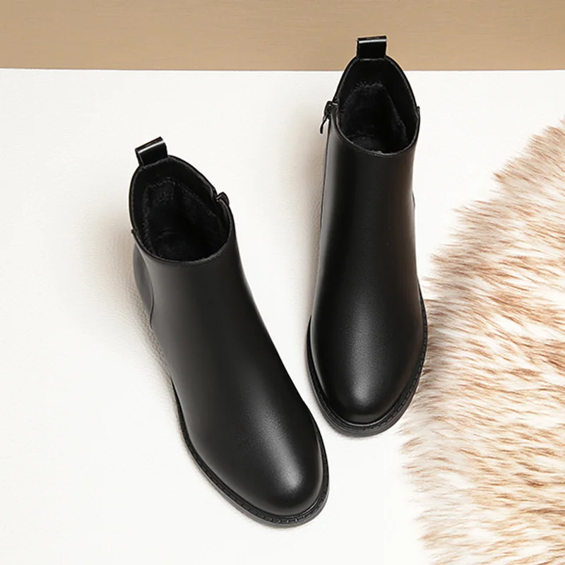 Winter Fashion Women Ankle Boots Mid Heels Dress Velvet Thick Heel Shoes Office Soft Sole Cotton Zipper Boots