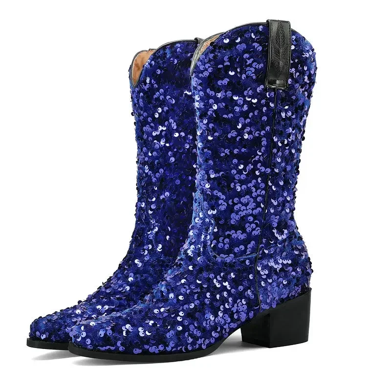 Mid Calf Boots Women Sequins Cloth Bling Bling Gold Pink Blue Purple Shiny Winter Party Dance Slip-on Chunky Heel Platform Boot