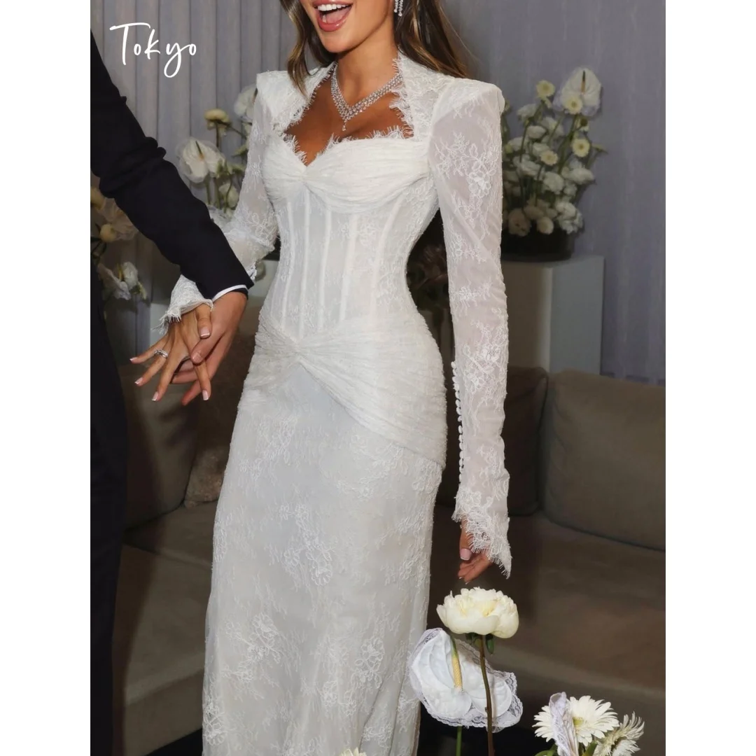 Tokyo Custom White Lace Long Sleeve Sweetheart Neck Fitted Mermaid Wedding Dress Elegant Corset Bridal Gown Formal Evening Dress