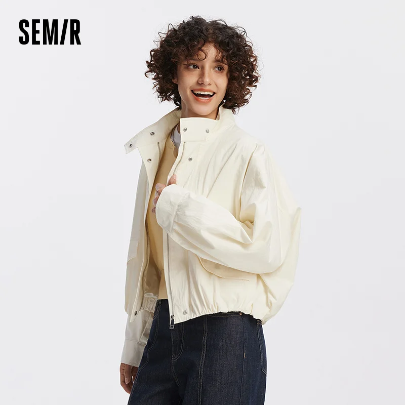 Semir Women Jacket Solid Stand Collar Bubble Hem Oversize Dropped Shoulder Casual Style Autumn Outerwear Daily Wear 2026