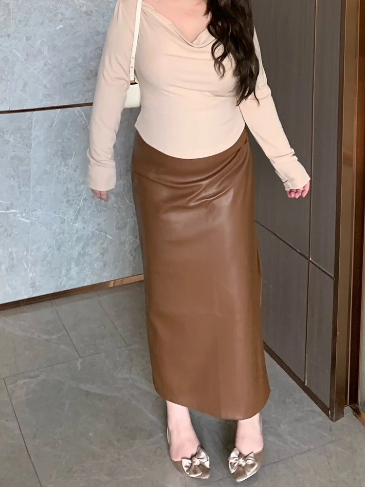 

Юбка миди с высокой талией, мягкая, плиссированная, утягивающая, с разрезом, в стиле «секси-пикантная девушка», больших размеров, модная женская юбка