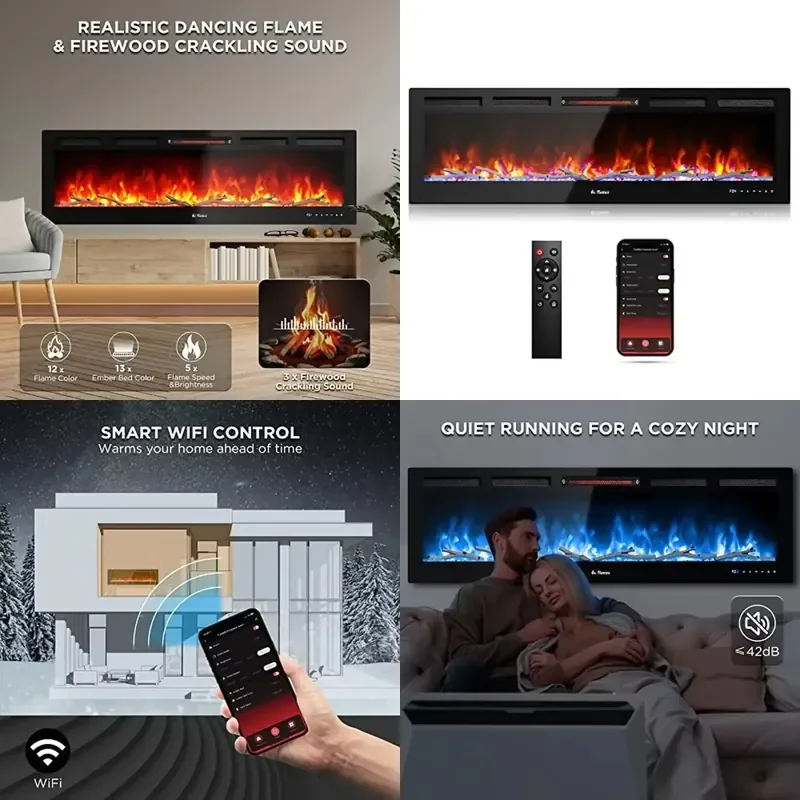 Factory 60 inch Smart WiFi Electric Fireplace with Realistic Flame and 1500W Quartz Heater for Recessed or Wall Mounted