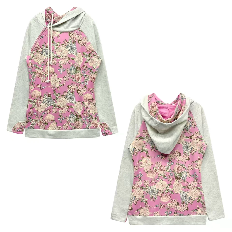 Foreign trade original sweet and cute printed floral double layered hooded sweatshirt for women