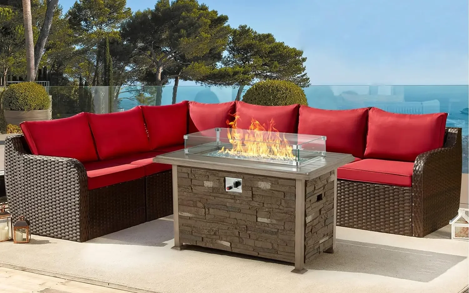 

7 Piece Patio Furniture Set with Propane Fire Pit Table, Rattan Sectional Sofa Set w/Coffee Table, 50,000 BTU Gas Fire Table w