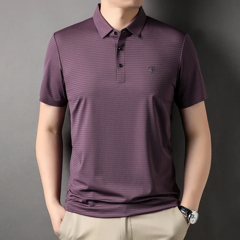 Summer Men's Polo-Shirt Casual Short Sleeve Clothes Delicate Embroidery Logo Stripe Tops Breathable Comfortable S6011