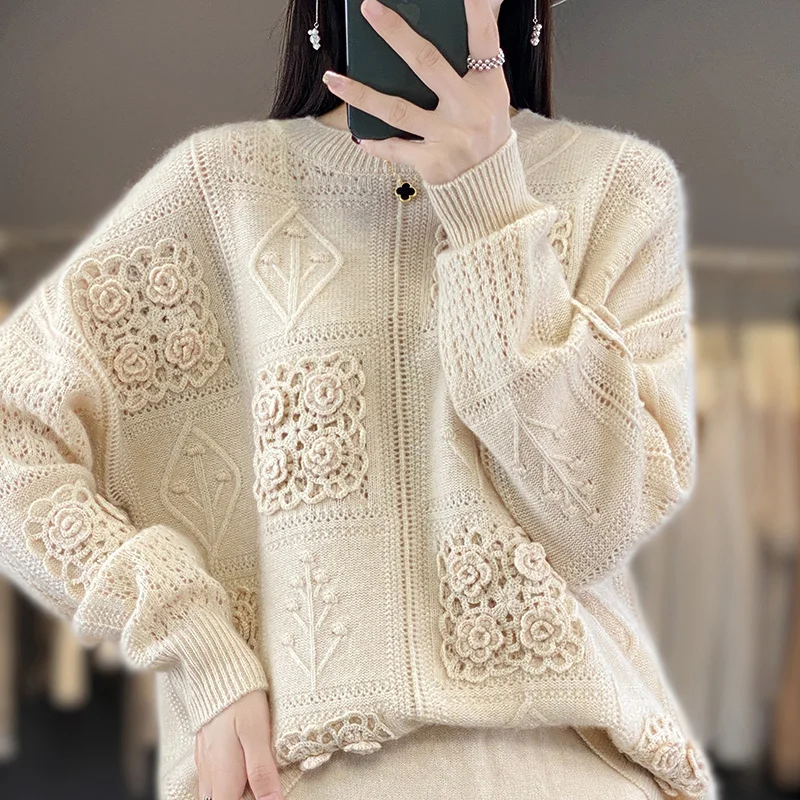 Autumn and winter new 100% sweater women\'s round neck hook openwork sweater loose leisure trend heavy industry sweater