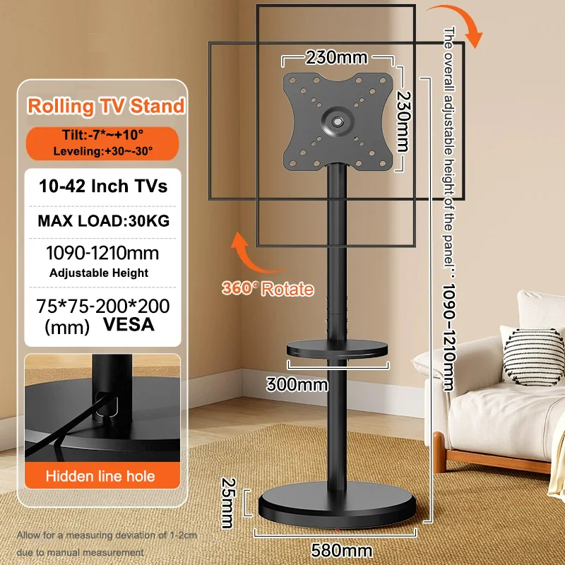 Rollende tv-wagen voor 10-42 inch OLED LED-monitoren, in hoogte verstelbare draagbare tv-vloerstandaard biedt plaats aan maximaal 66 lbs, max. VESA 200x200 mm