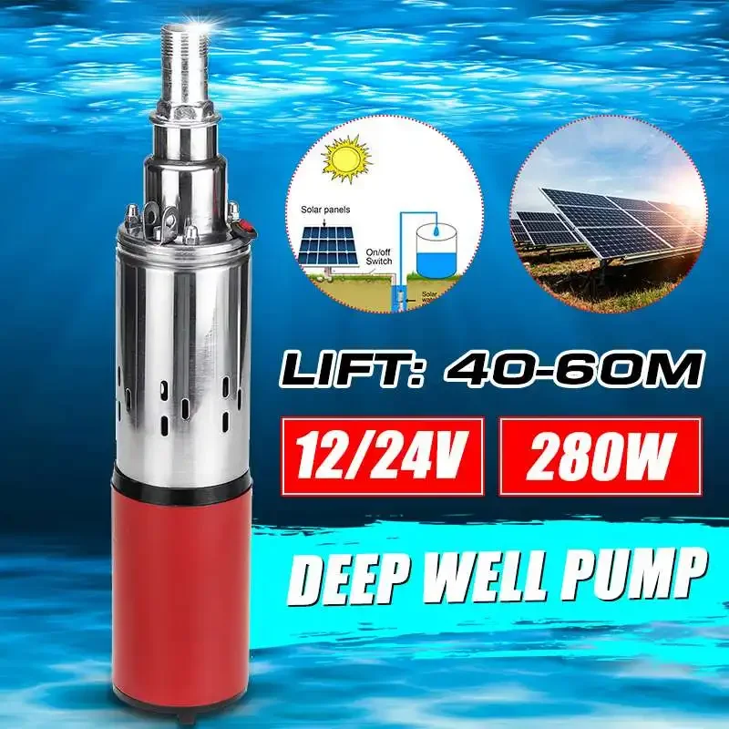 Solar Water Pump 280W 12V/24V Durable High Lift 60m Deep Well Pump DC Screw Submersible Pump Agricultural Irrigation Garden Home