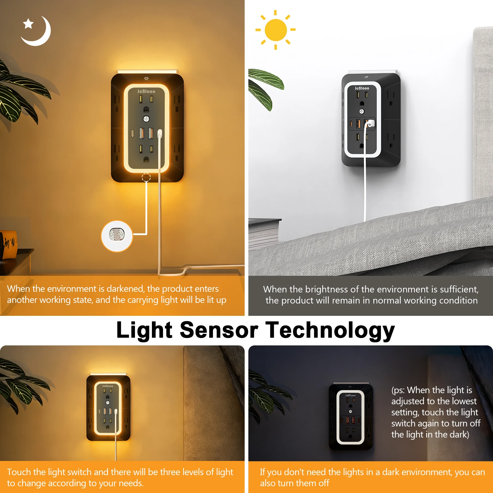 US Multi Socket Wall Socket with Night Light, 6 AC Ports & 4 USB(2 Type C), Wall-mounted Multi-functional USB  Universal Outlets view 3