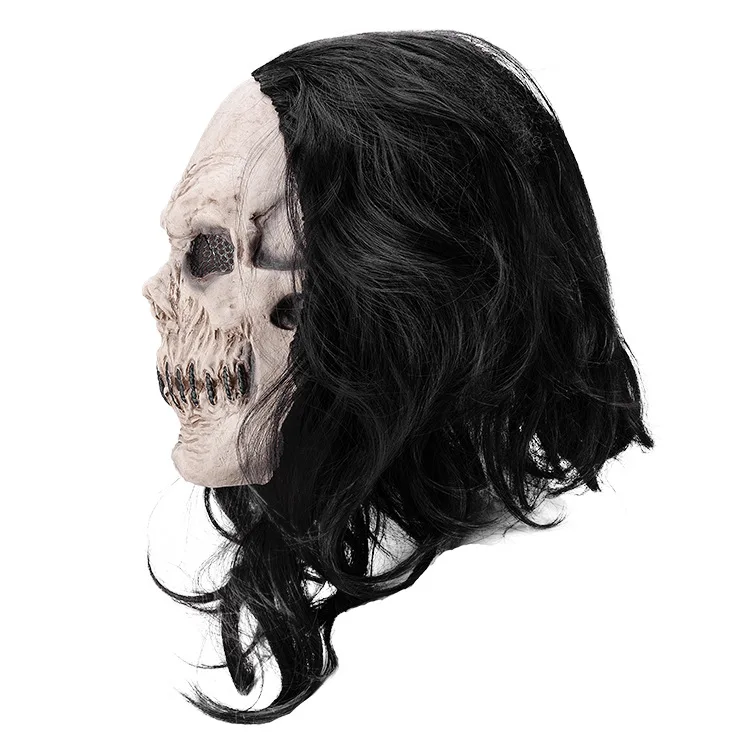 Realistische Vollkopf-Totenkopfmaske Gruselige Latex-Skelettmaske mit Langen Haaren Geister-Halloween-Cosplay für Erwachsene – Detail 4