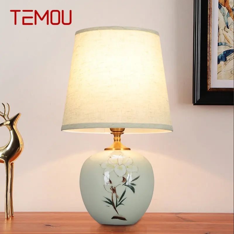 

TEMOU Ceramic Table Lamps Chinese for Bedside Modern White LED Dimming Desk Light For Home Living Bedroom Decor