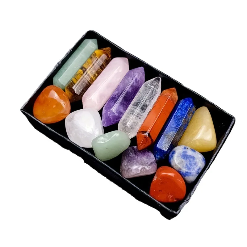 14 pçs apontado cristal de quartzo chakra pedras de cura e cristais conjunto hexágono rosa quartzo gemas para meditação decoração do quarto