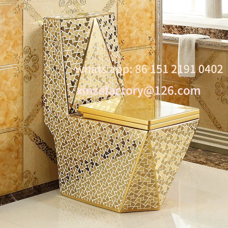 European Style Square Gold Rim One-piece Bath Fixture, Rhinestone Decor Ceramic Commode For Household Washroom Decoration