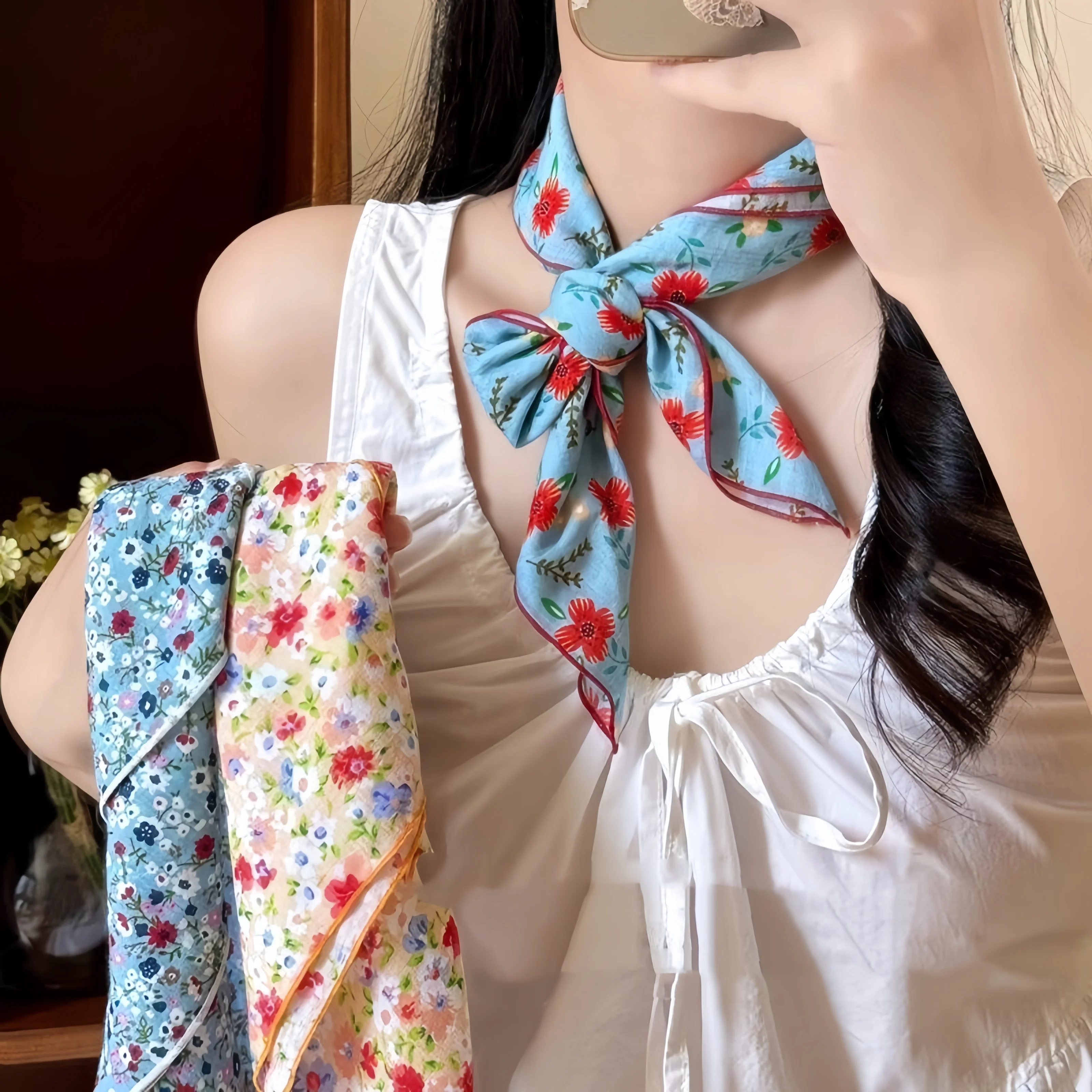 

24Colors Cute Floral Print Square Scarf Cotton Hair Scarf Neckerchief Kerchief Bandana Headscarf Hair Ribbon Accessories 58cm