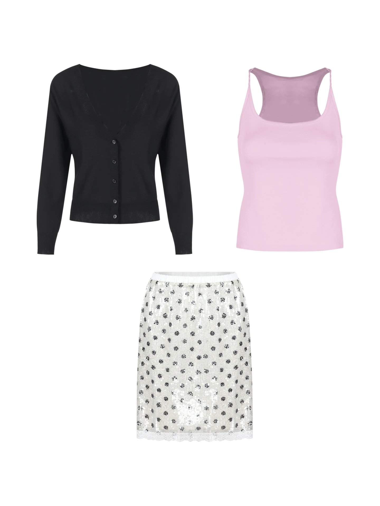 

Soft Style Knitted Long Sleeve Women's Set Black Open Cardigan Tank Top And Polka Dot Skirt Three Piece Spring Fashion