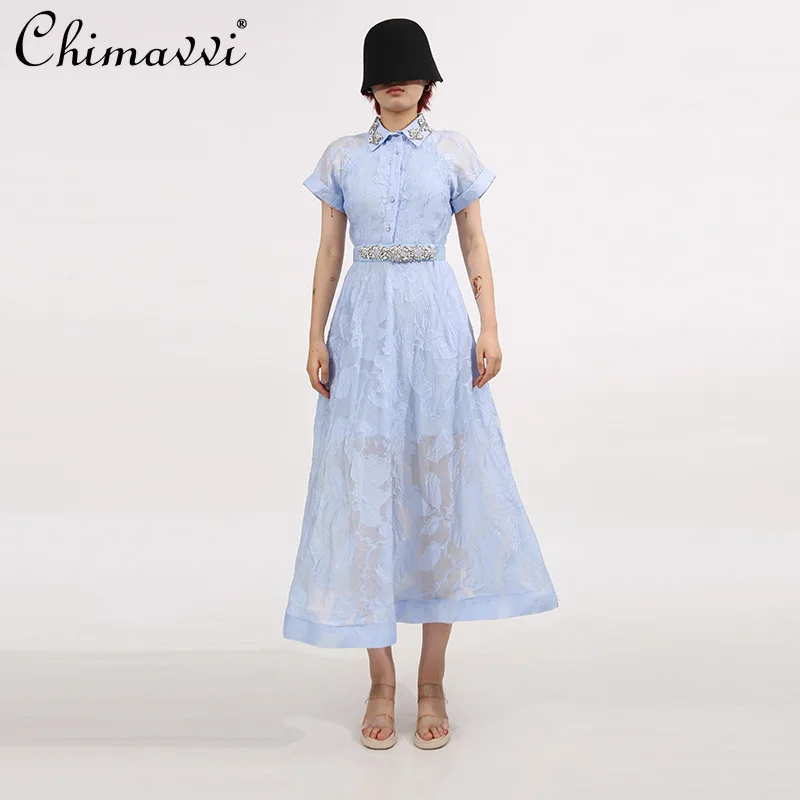 

French Temperament Elegant Long Dress Diamond Polo Collar Short Sleeve Single-breasted High Waist Belt A-line Party Dress Women