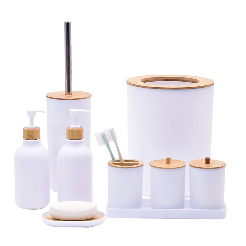 Bathroom Accessories Set 9 Piece Soap Lotion Dispenser Toothbrush Holder Soap Toilet Brush Trash Can Bathroom Essential Room Set