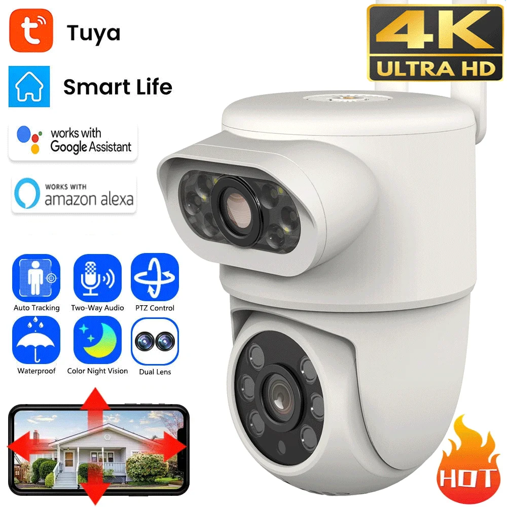 8MP 4K Tuya Dual Lens Wifi Camera Outdoor Security 4MP HD Dual Screen PTZ Camera AI Auto Tracking CCTV Audio Video Surveillance