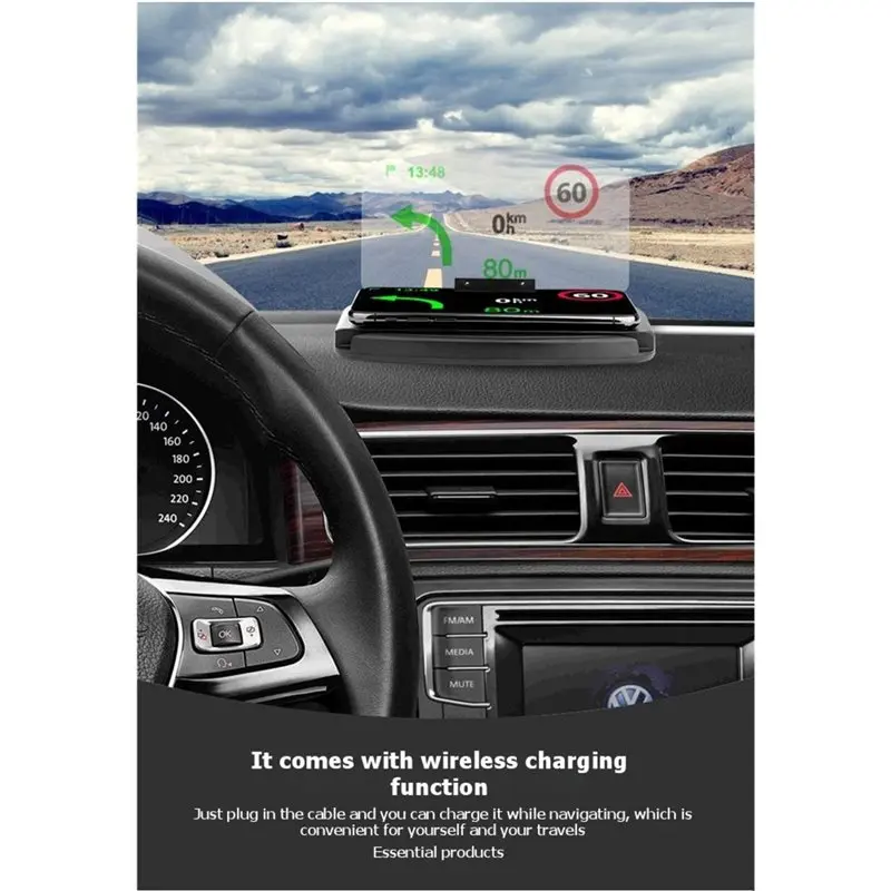 B63B-Mobile Phone Holder HUD Car Navigation Projector Adjustable Dashboard Display Mount Suitable For Smartphones Charging