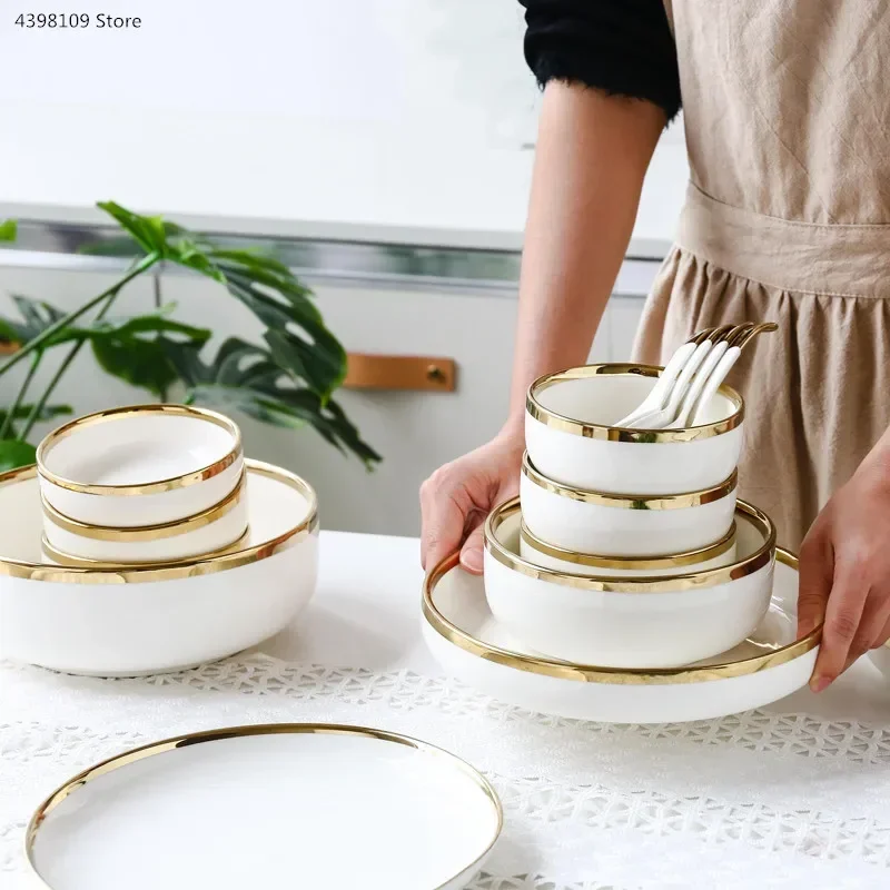 الأوروبي الأبيض الذهب الجانب أدوات المائدة وعاء الأرز لوحة صحن سلطة الفواكه طبق عميق المطبخ أدوات المائدة لوحة الزفاف الديكور #1