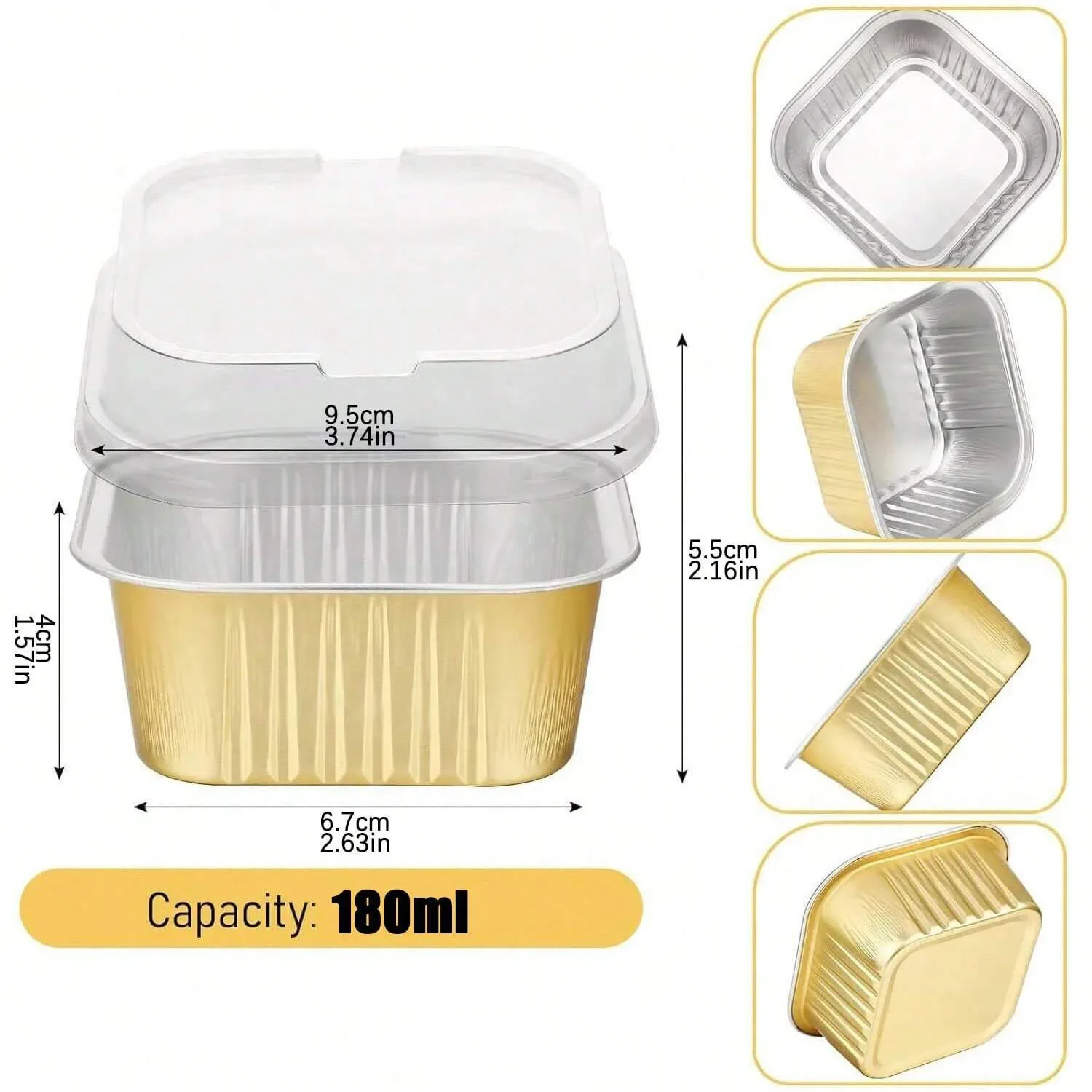 Gold Foil Baking Cups with Lids Foil Cake Containers Mini Creme Brulee Cups Square Muffin Lined Cups for Weddings Birthday Party