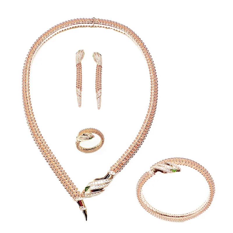 Designer Collection Necklace Bracelet Earrings Ring Inlay Cubic Zircon Green Eyes Snake Snakelike Carved Bead Party Jewelry Sets