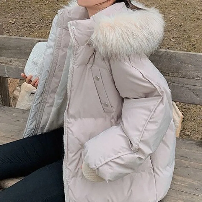 

2023 New Bread Clothes Cotton Coat For Women's Thickened Warm Cotton Padded Jacket Loose Solid Hooded Pocket Outwear With Zipper