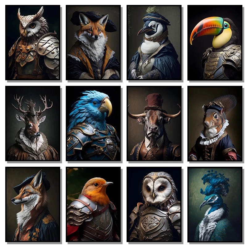 Animal Portraits Gothic Owl Fox Rabbit Deer Tiger Bird Poster Prints Canvas Printing Wall Art Picture for Living Room Home De