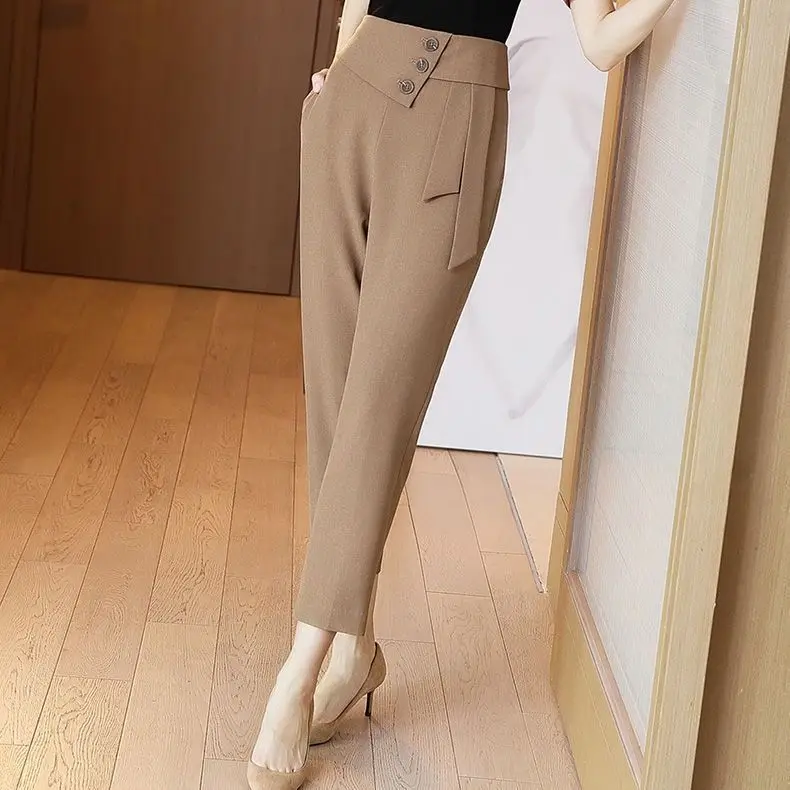 

Office Lady Women Spring Summer All-match Solid Pencil Pants Fashion Loose Button High Waist Straight Casual Harem Trousers A56