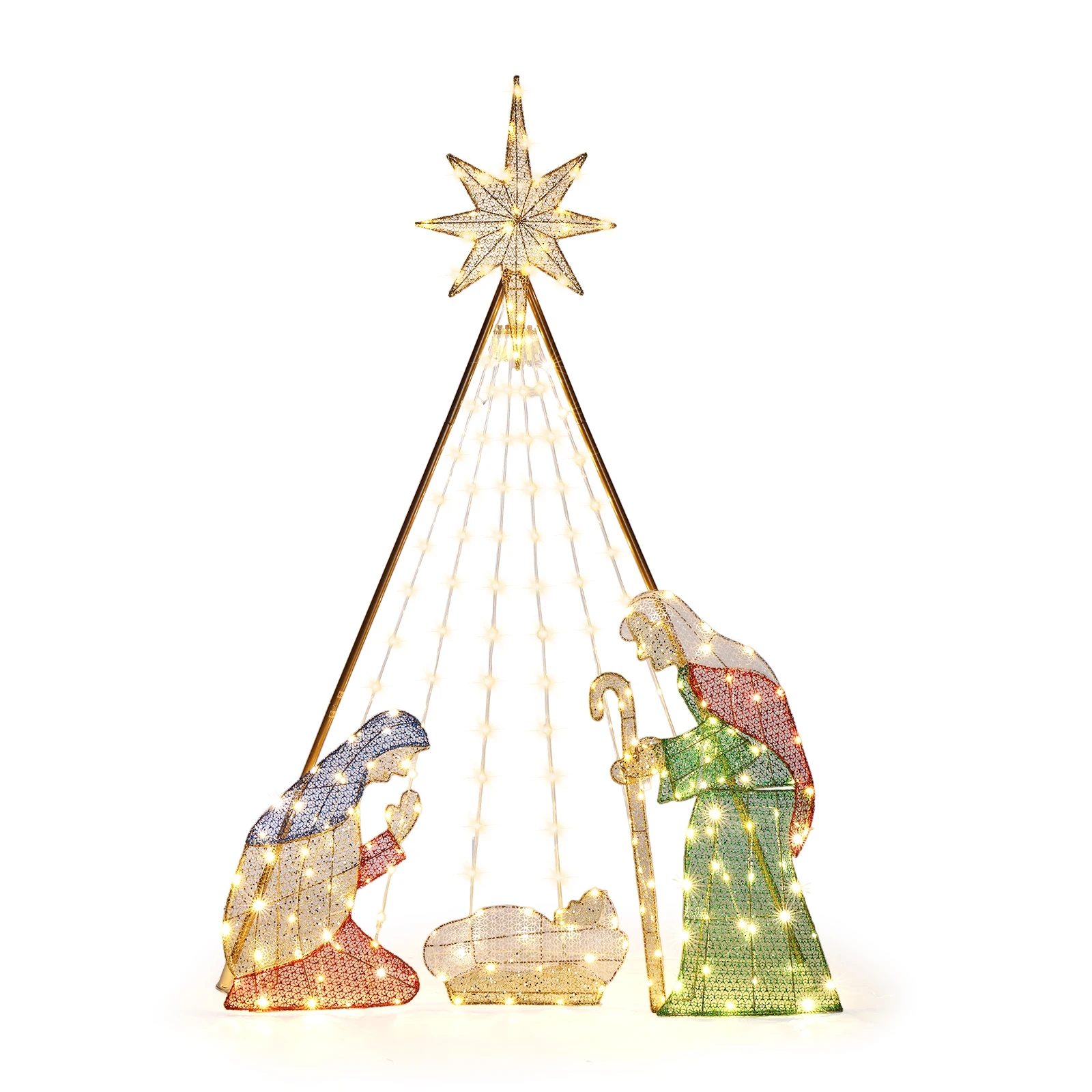 121×30×185cm Nativity Scene Christmas Decor, Lighted Birth of Jesus Yard Sign with 220 LED Leather Thread Lights, 10% Flashing Function, Powdered Onion Cloth, 4.5V 3.6W, Outdoor Garden Holiday Decoration