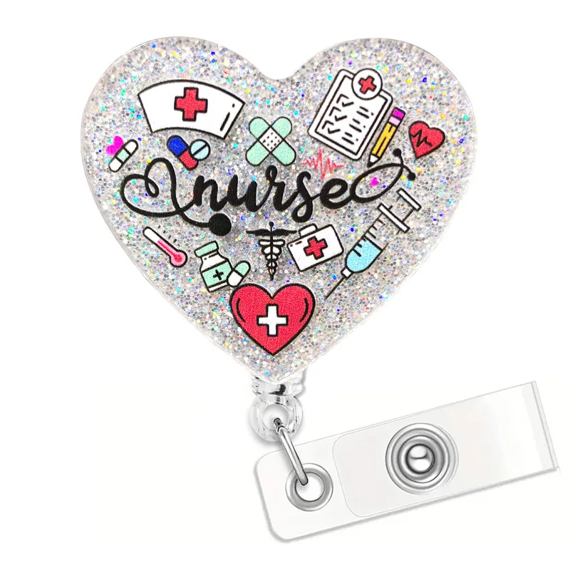 2025 New Design 1 Piece Glitter Acrylic Retractable Nurse Badge Reel Love Heart Anime Name Tag ID Card Holder Alligator Clip