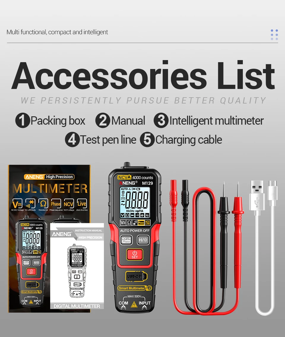 ANENG M129 Wiederaufladbares Digitales Multimeter 4000 Anzeigen NCV AC DC Spannungs- und Widerstandsmessgerät mit Taschenlampe und Auto-Range-Funktion – Detail 15
