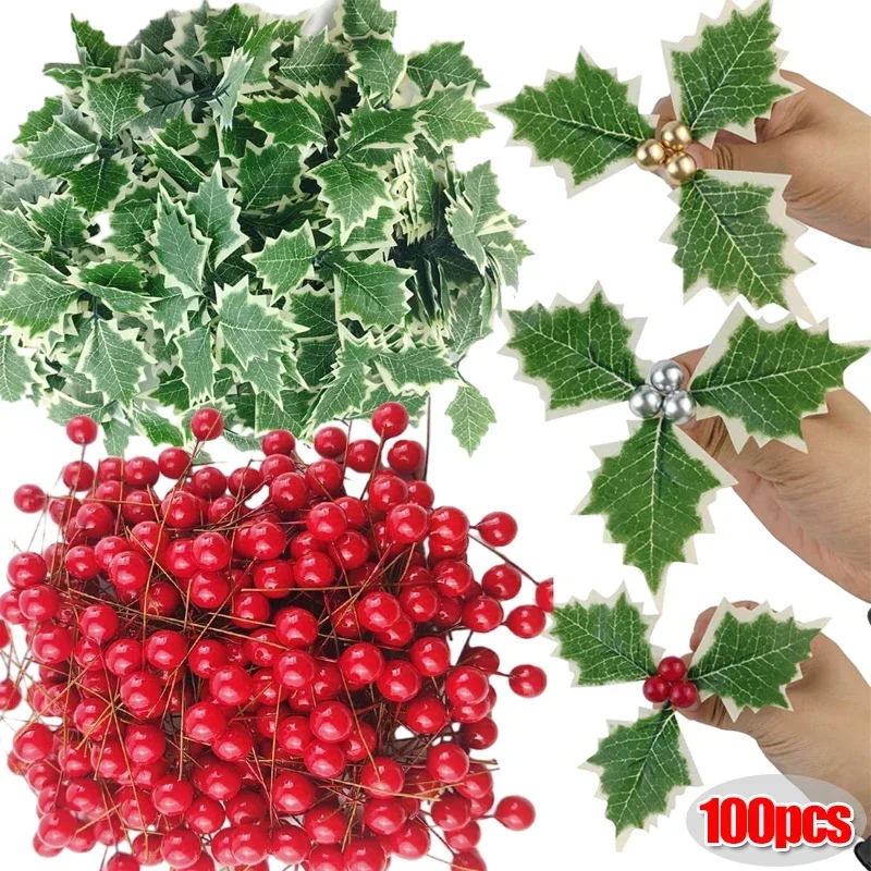 5-100Pcs Artificial Holly Berry Green Leaves Christmas Ornaments Gold Red Holly Berry Stems Xmas Tree Wreath Gifts Party Decor