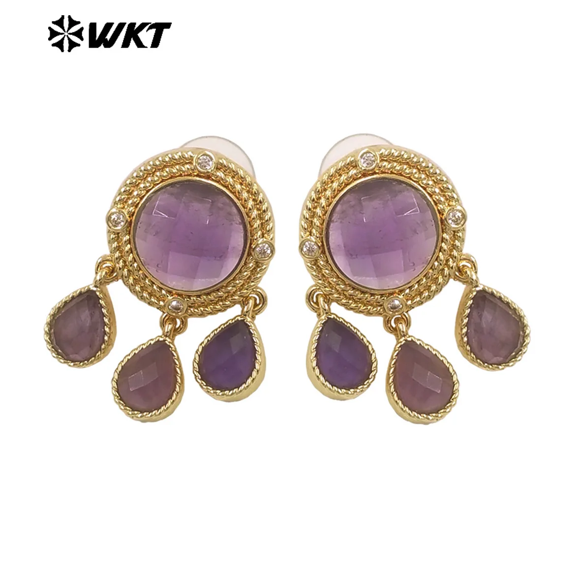 

ME120 Wonderful Design Natural Gemstones Earrings With Zircon 18K Gold Plated Three Little Waterdrop Shape Stones Cute Jewelry