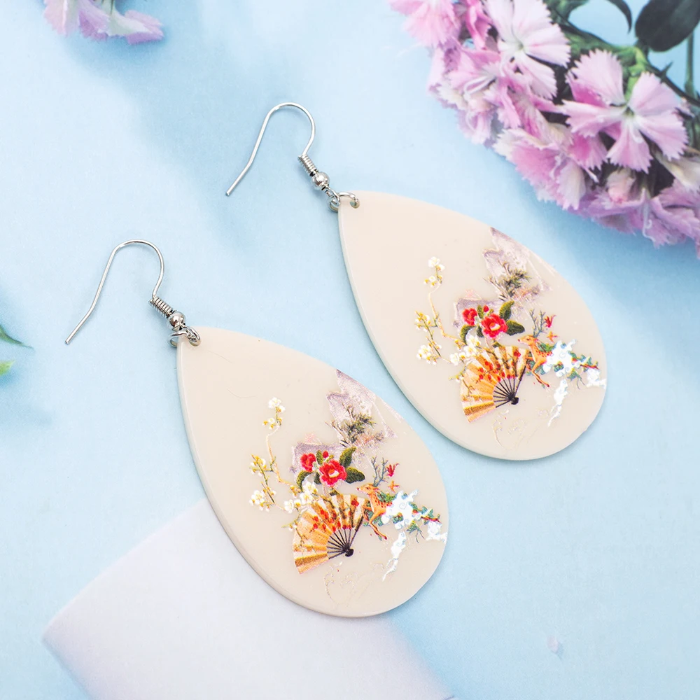 New Oriental Ethnic Style Fan Flowers Landscape Painting Pattern Acrylic Water Drop Earrings For Women Aesthetic Girls Jewelry