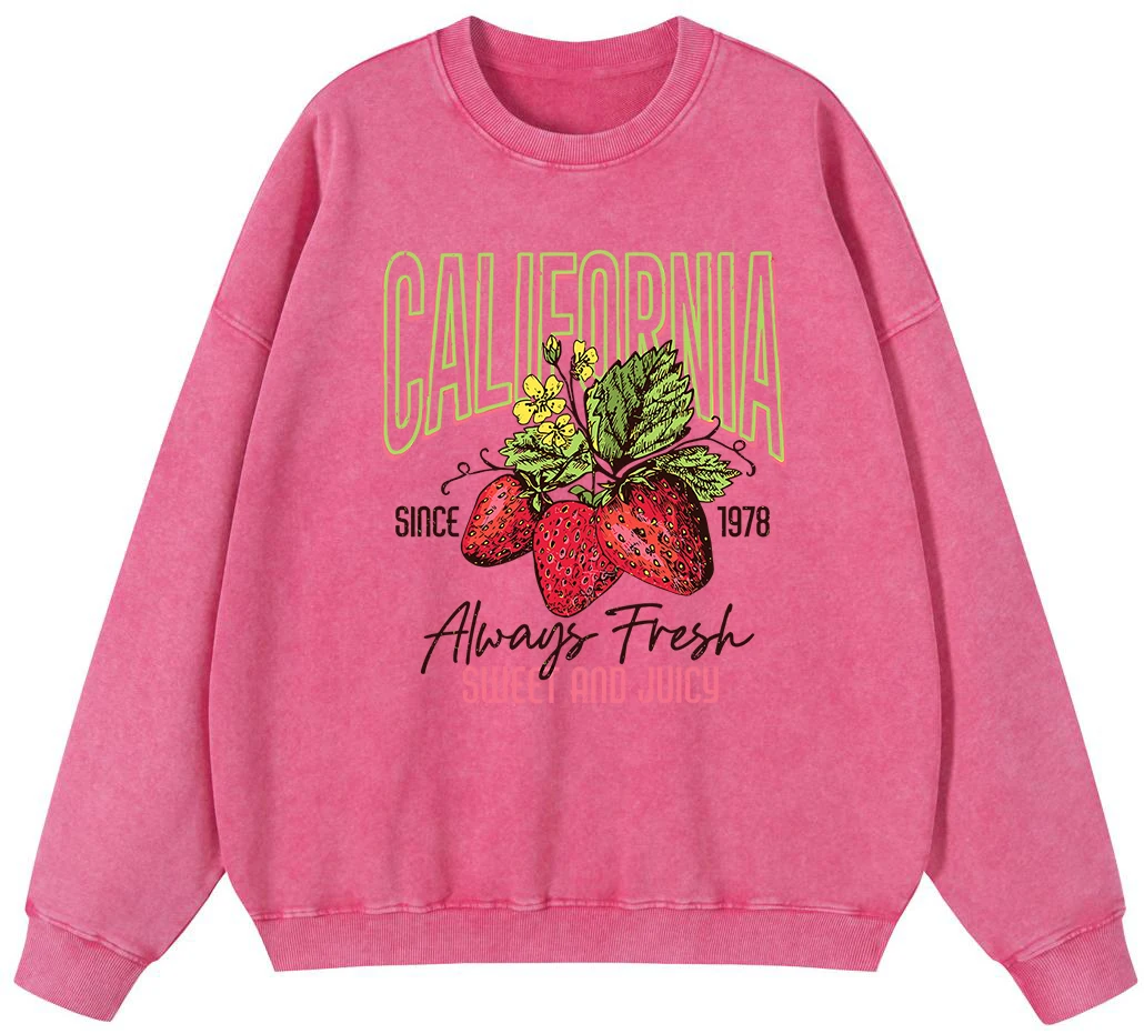 

California Strawberry Fruit Printing Women Vintage Washed Cotton Sweatshirt Fashion Casual Pullover Oversize Loose Sweatshirts