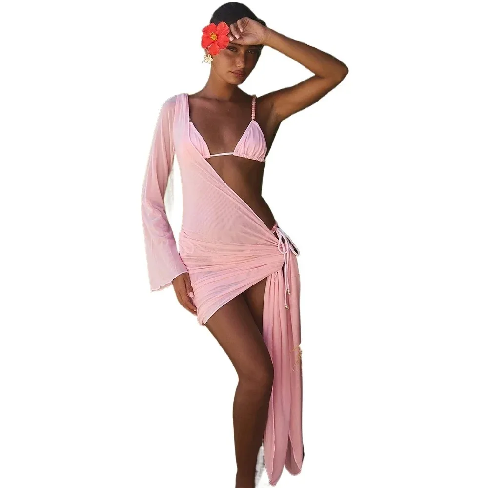 3 Pieces Micro Bikini Cover Up 2025 Sexy Solid Swimsuit Women Push Up Swimwear Biquini Female Bodysuit Bathing Suit Sarong Skirt