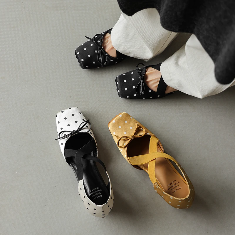 2026 new summer women sandals natural leather 22-25cm polka dot satin+sheepskin+pigskin square toe cross-strap women shoes