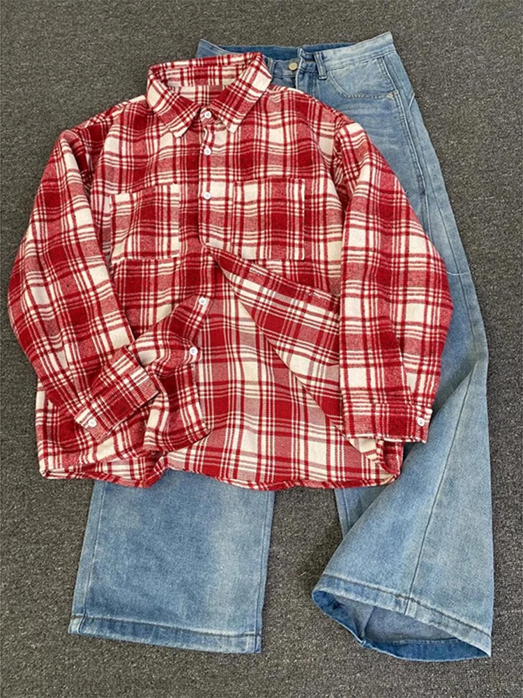

Red Plaid Long Sve Men's irt Inner Wear Casual Cleanfit American Sle Couple's Outerwear High End Feeling Haome