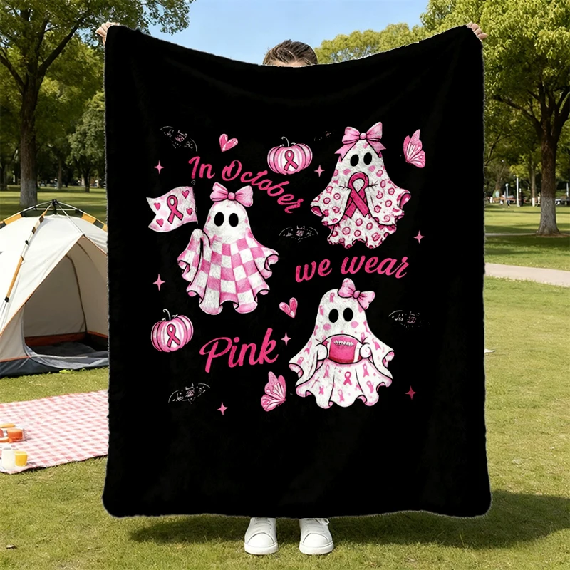 In October We Wear Pink Ghost Flannel Blanket, Halloween Breast Cancer Flannel Blanket, Pink Ribbon