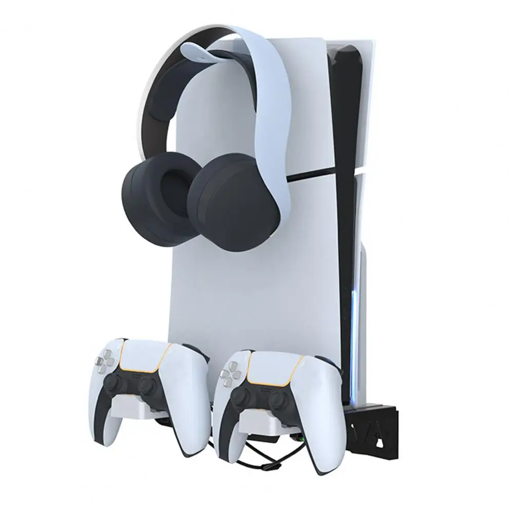Charger Vertical Stand Ps5 Slim Wall Mount Bracket Game Console Stand Holder with Controller Charger Headset Hanger Strong