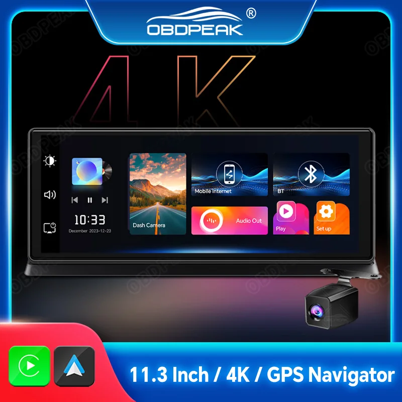 

11.3" Car DVR DashCam 4K 2160P Carplay & Android Auto Rearview Camera GPS Navigation Video Recorder Dashboard 5G WiFi AUX Output