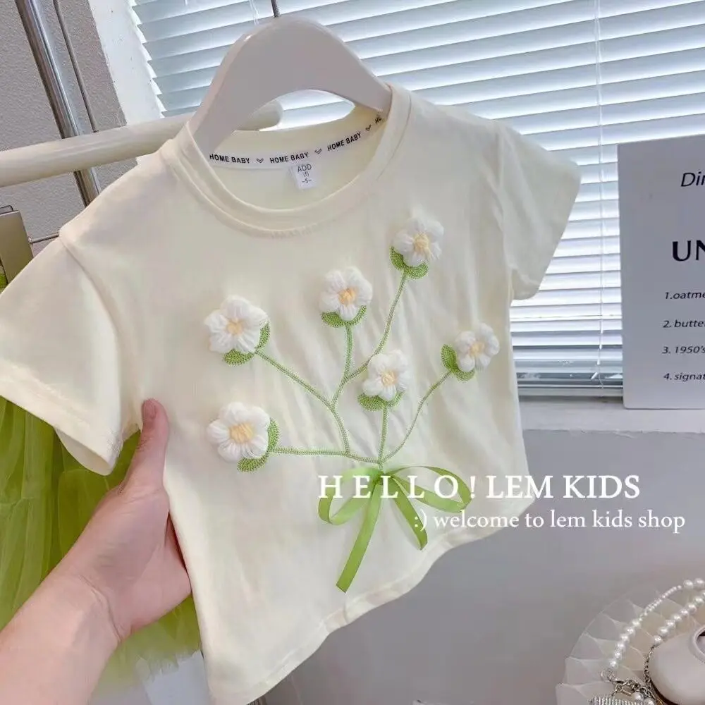 Short Sleeved Summer 2026 New Item for Baby Girls Pure Cotton Flower T-shirt Children's Stylish Summer Top