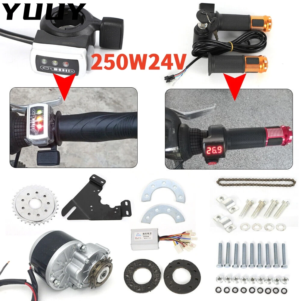 Electric Bicycle Conversion Kit, E-Bike Brush Motor Set, Left Chain Drive, Thumb, Digital Display Kit, 24V, 250W