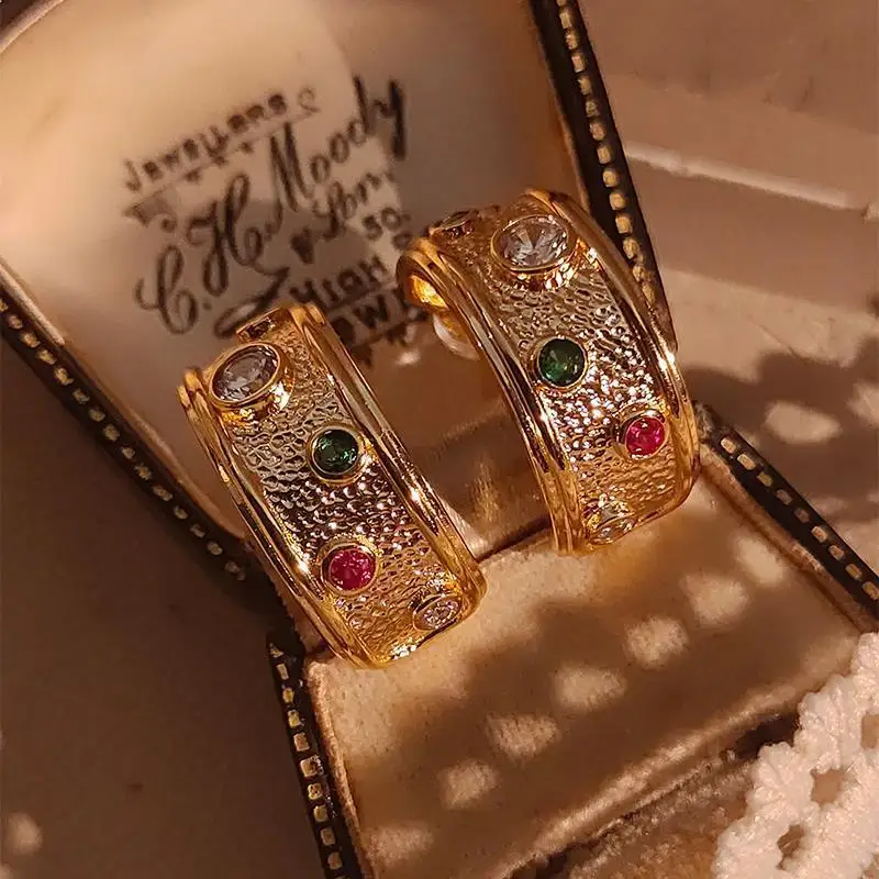 Vintage Victorian 9K 10K Gold Emerald Ruby Sapphire Rainbow Gems Cubic Zirconia Silver Ear Huggie Ear Hoop Semi Circle Earrings