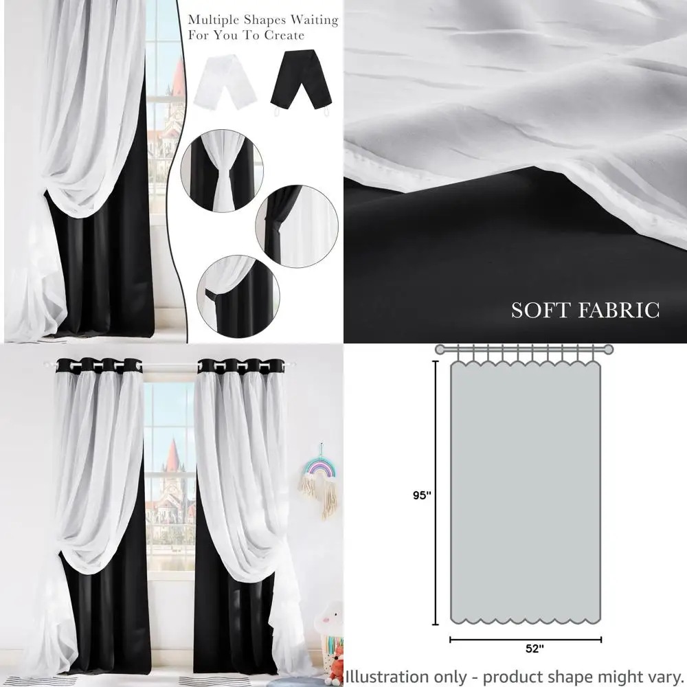 

Двухслойные затемняющие шторы с прозрачным льняным полотном, кольцевые крепления, 52x95, черные, комплект из 2 шт.