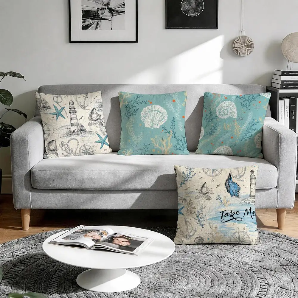 Vintage Sketch Coastal Shell Cushion Cover Natural Breathable Durable Linen Printed Decor Pillow Case Sofa Bedroom