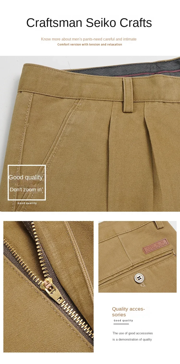 

High Waist Double Pleated Casual Mens Pants 100% Cotton Black Khaki Yellow Clothing Straight Loose Work Trousers Men 40 42