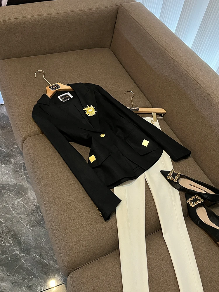 

Ele Commuter Sle Suit, новинка 2025, дизайн с одной пуговицей, металлическое украшение, Long Sve Pure Color Jaet, женская верхняя одежда Faion