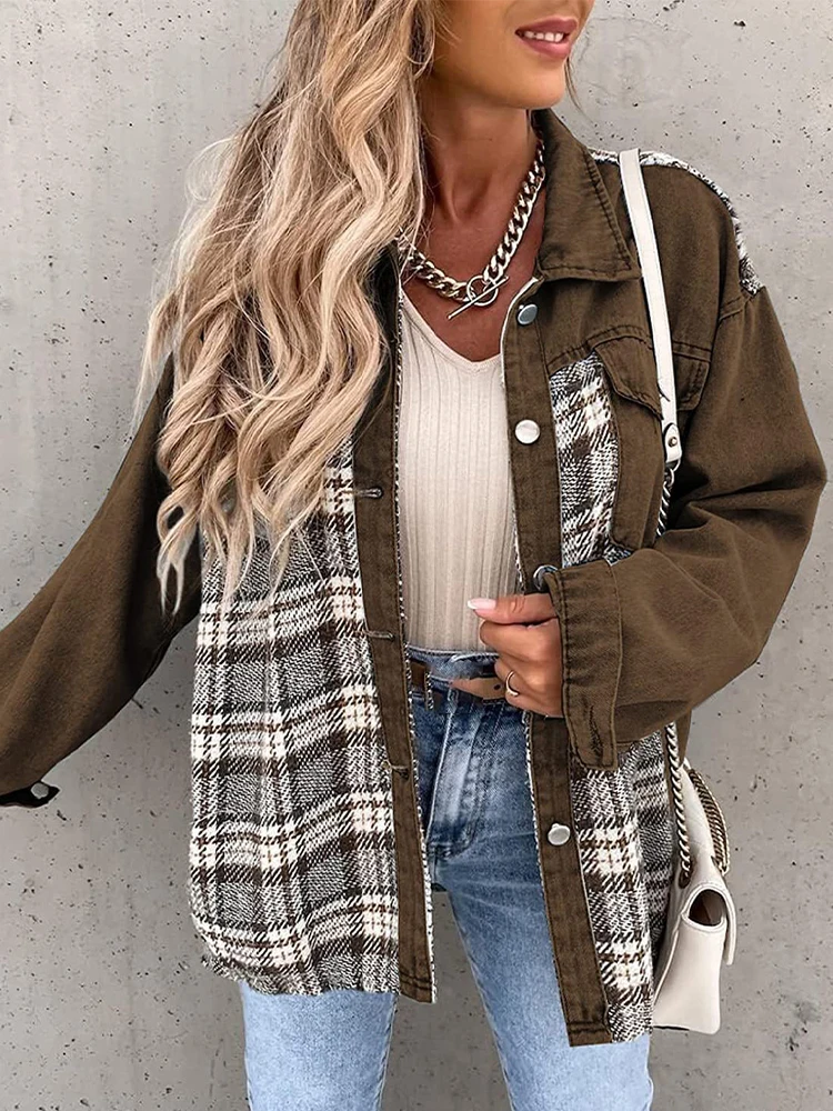 Plaid Shirts Jacket Women Vintage Loose Denim Jacket Female Fashion Retro Button Long Sleeve Jean Jacket Ladies Casual Outwear